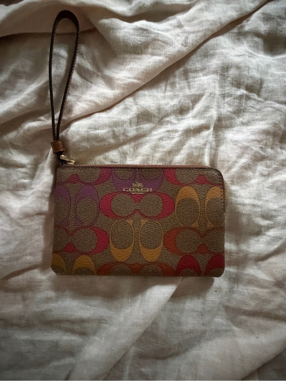Coach Multicolor Signature Canvas Wristlet in Brown, Red, Purple, Mustard